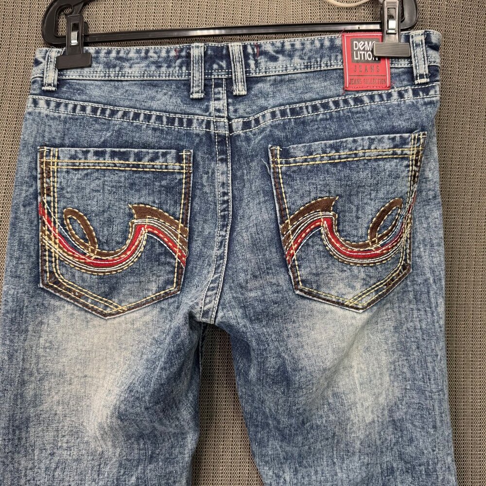 Demolition Jeans Mens Size 36 Blue Denim Straight Fit Embroidered Pockets - Picture 10 of 10